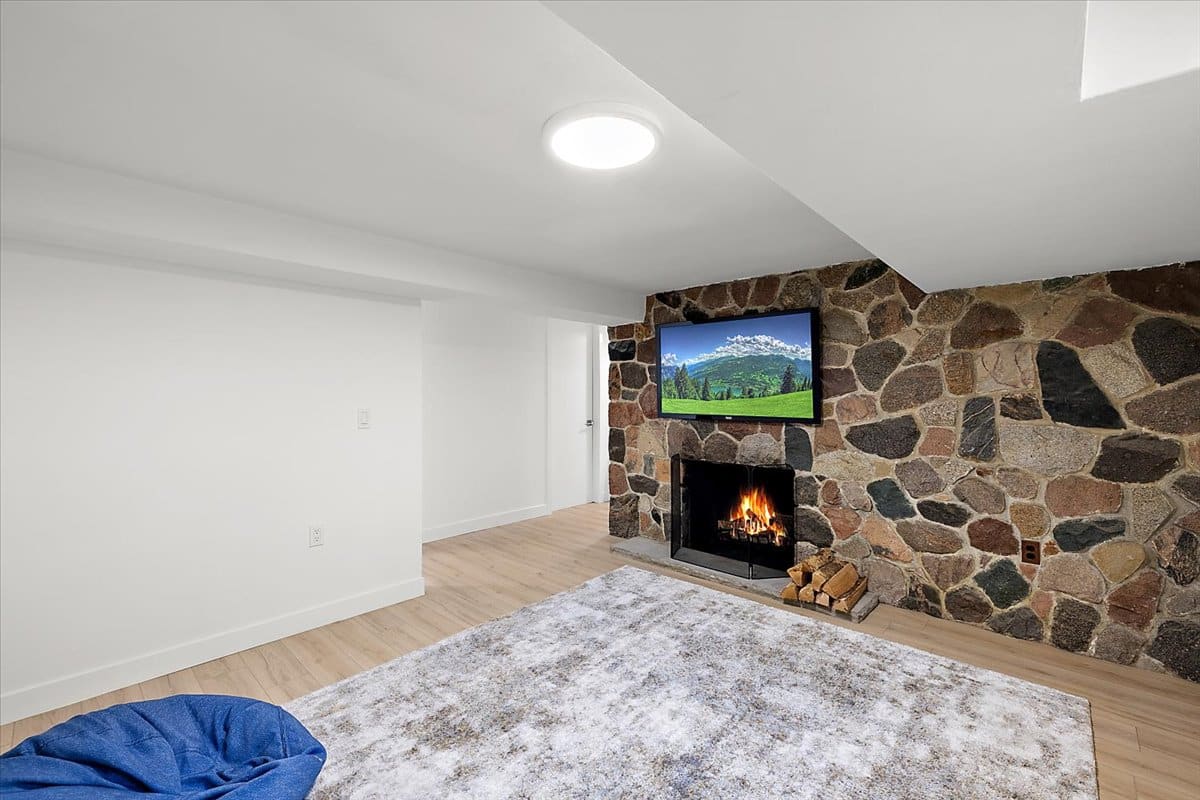 a living room with a fireplace