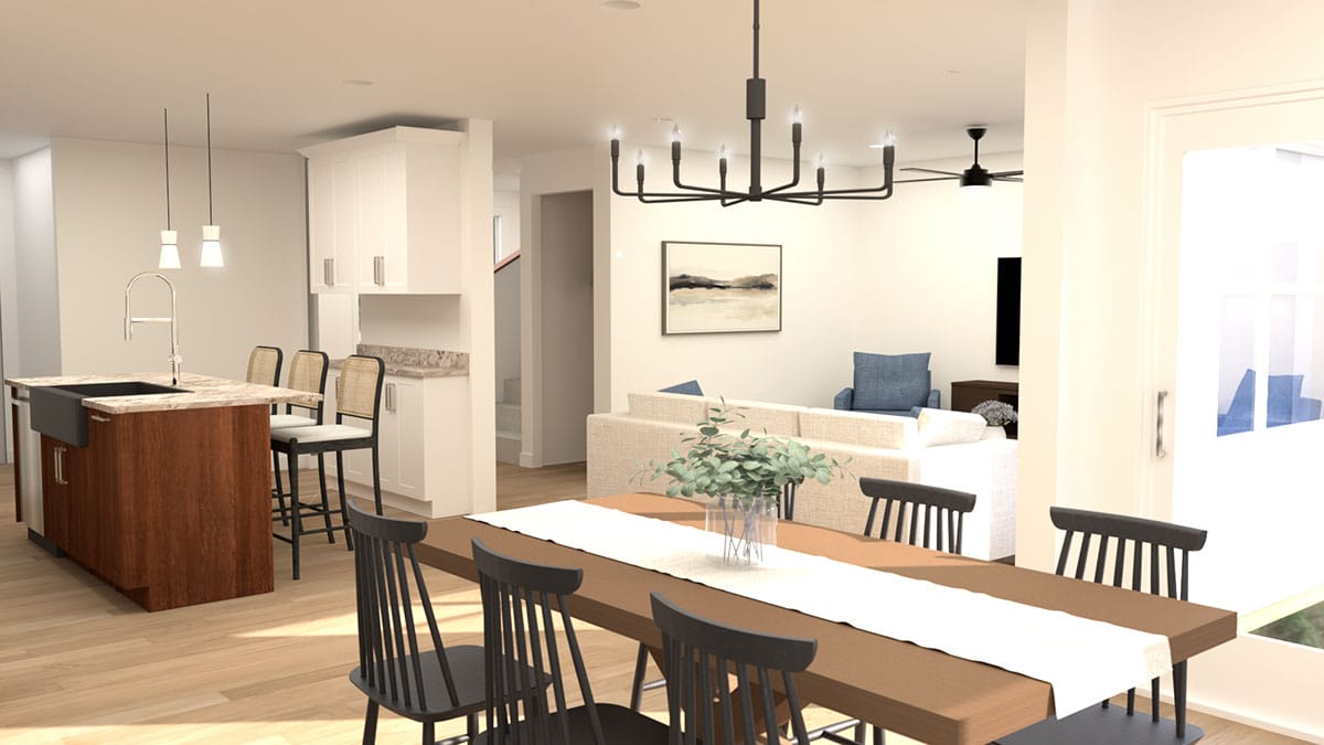 kitchen, dining, and living rooms